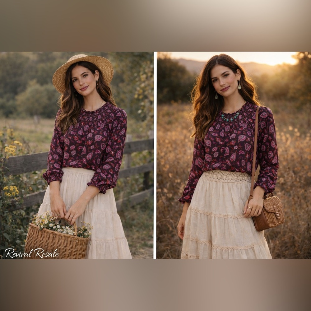 Petite XL Floral Paisley Blouse Long Sleeve Velvet Trim Cottagecore Boho